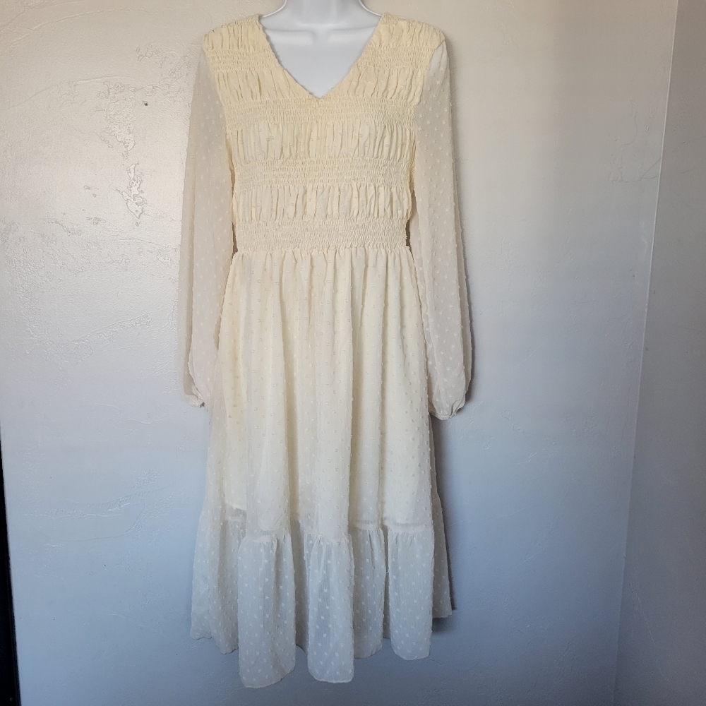 Doublju NWT Ivory White Swiss Dot Dress Long Sleeve Midi V-neck Smocked Bohemian